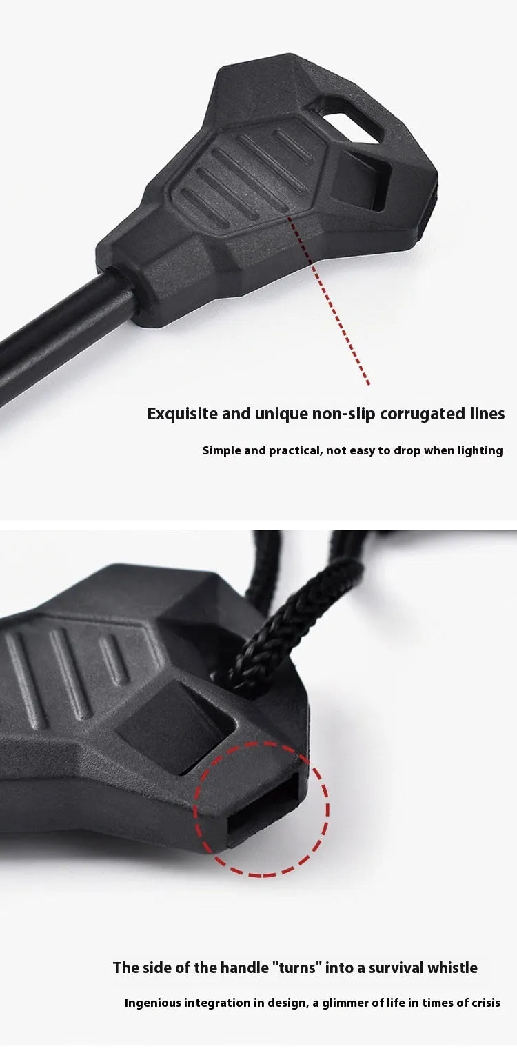 Black multifunctional outdoor survival flint with magnesium rod and stainless steel scraper showing six tool functions