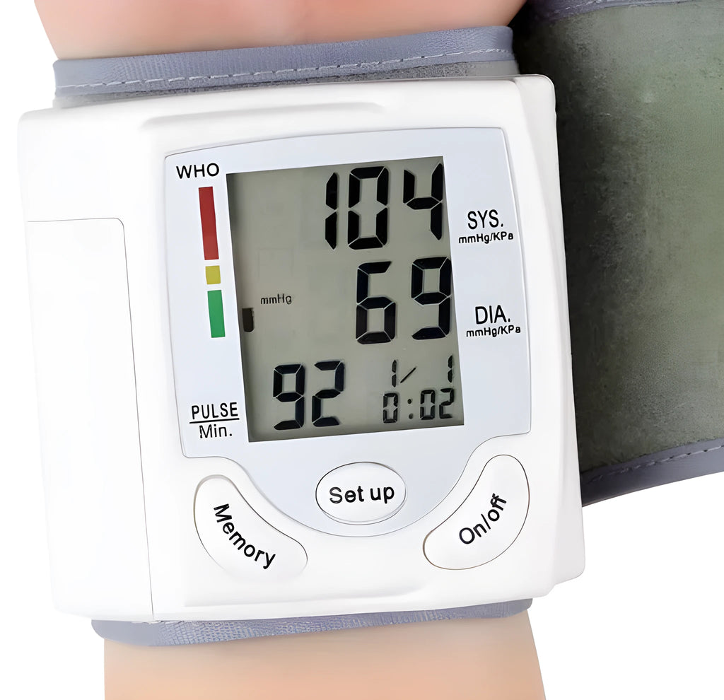 Grey portable wrist blood pressure monitor with digital display showing 70mm dimensions