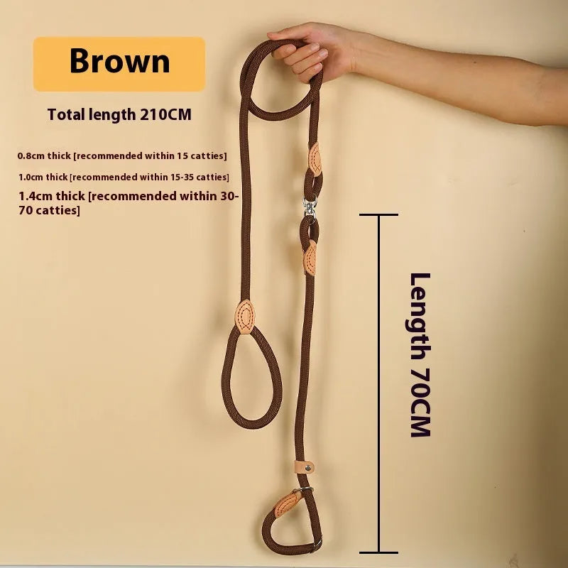 Brown nylon P chain dog leash with hand-holding rope, showing 2.1m length and adjustable chain mechanism