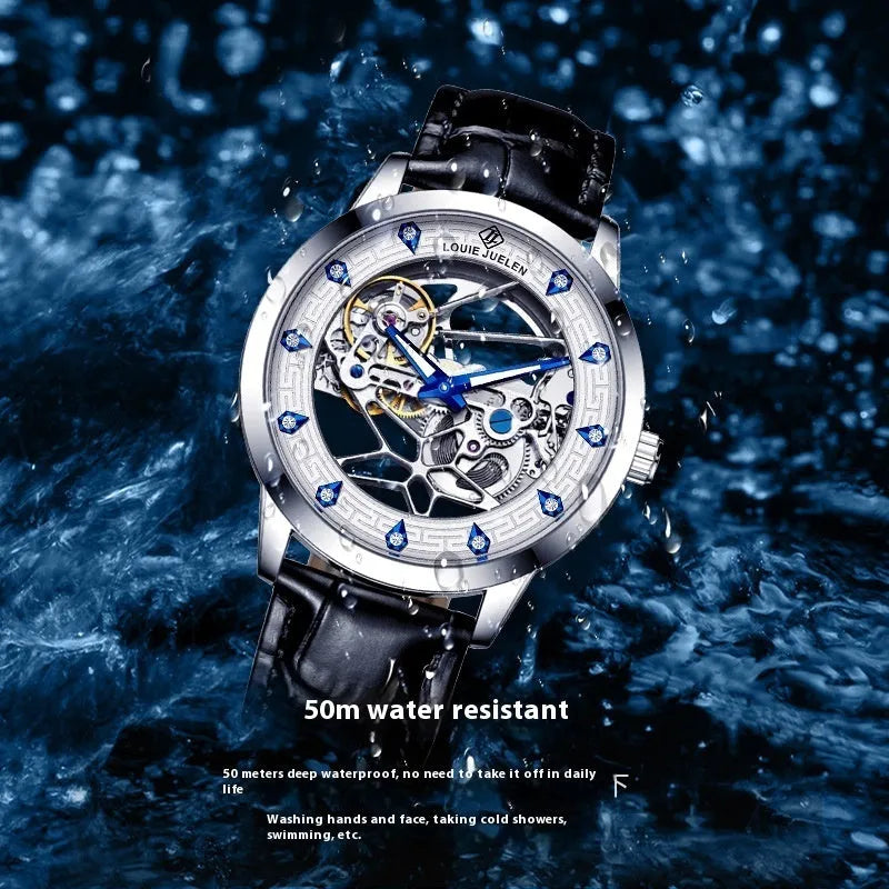 Men's silver mechanical watch with luminous hands on genuine leather strap showing 14.3mm case thickness