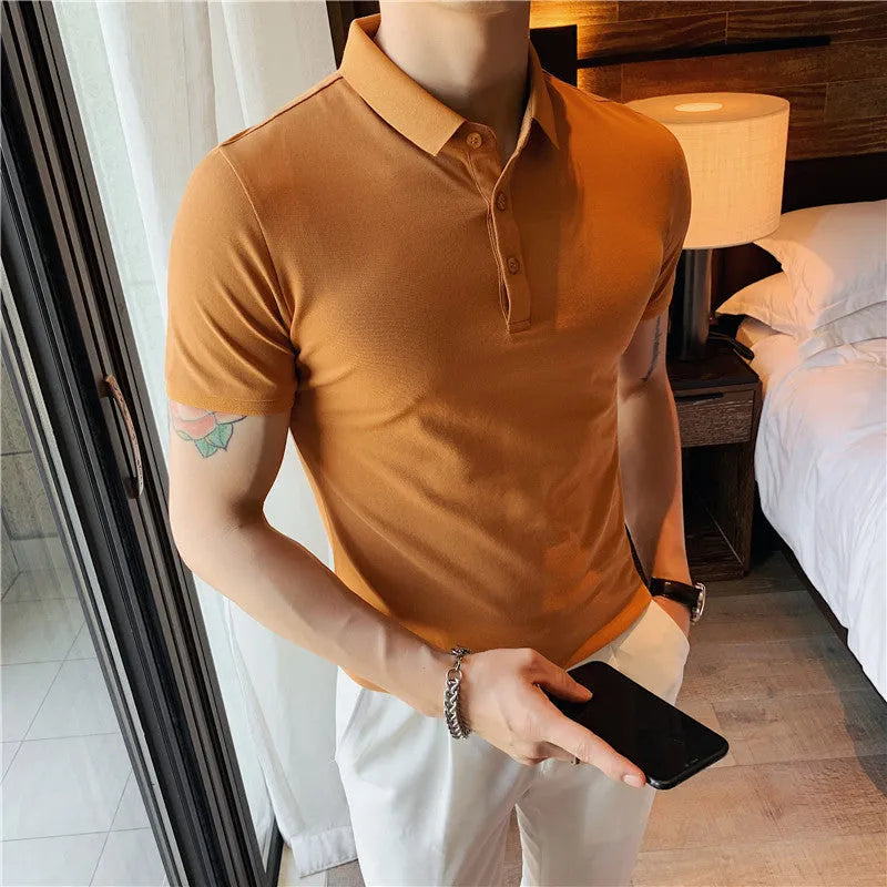 Solid colour polo shirt with lapels in slim Korean fit showing apricot colour option