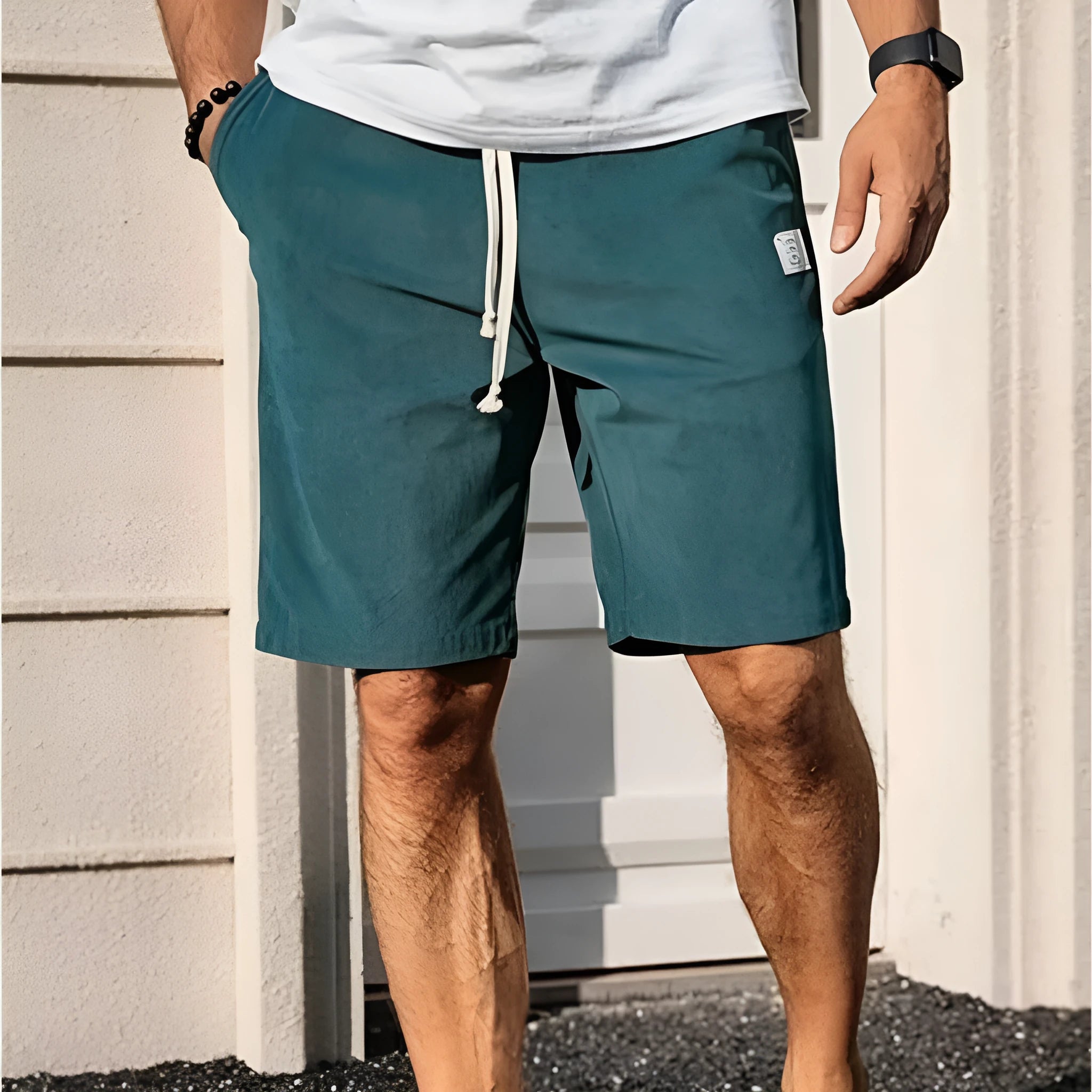 Men's straight-leg corduroy sports shorts in army green colour, showing texture and fit.