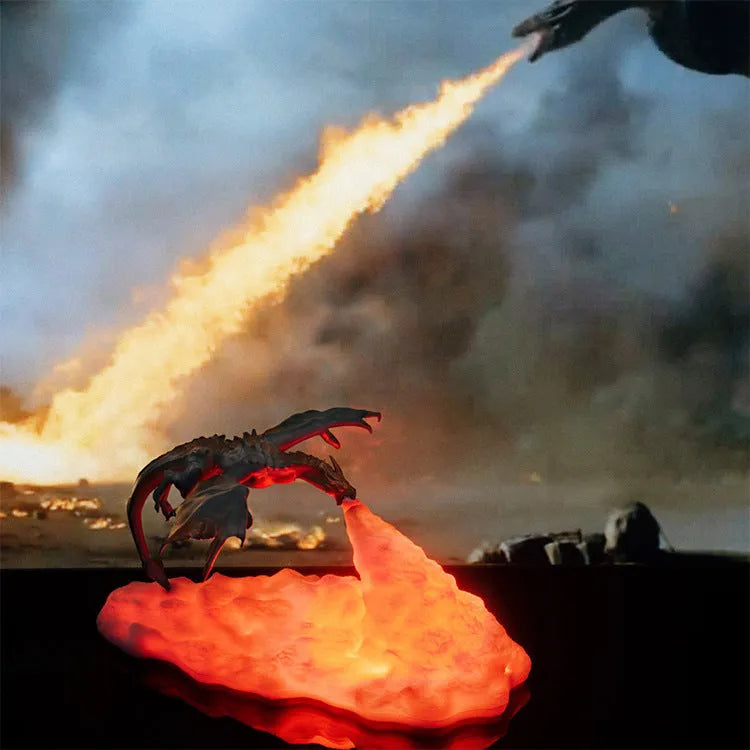 3D printed red fire-breathing dragon shape night light glowing on a dark surface