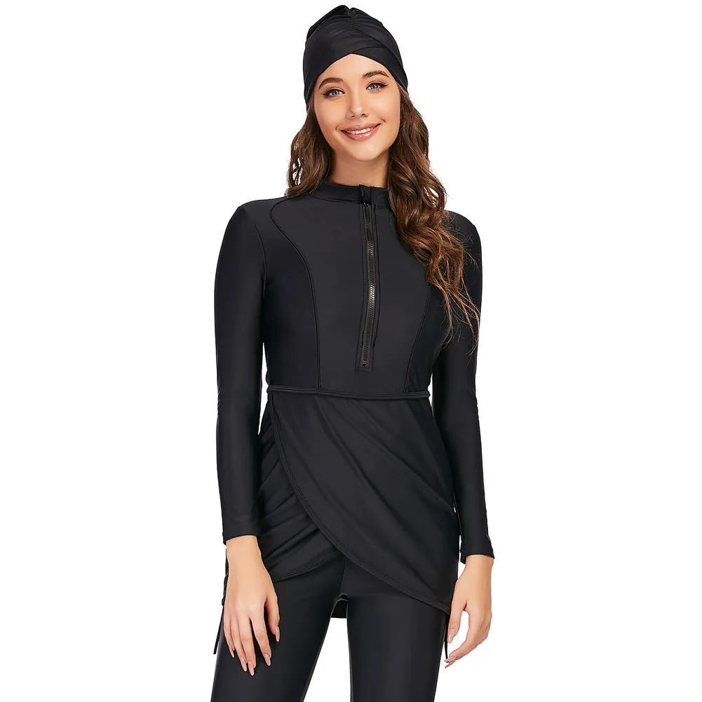 Black conservative full coverage ladies swimsuit burkini with quick-dry lining