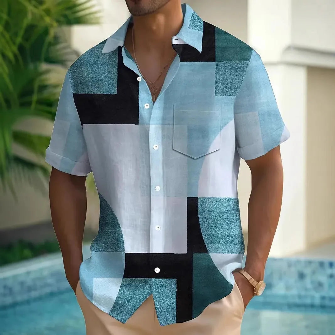 Men's short sleeve cardigan with a retro geometric square pattern in contrasting colours, shown in a loose fit.