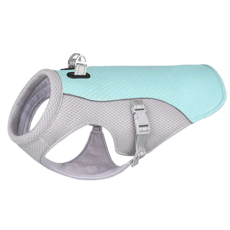 Orange dog cooling vest on a dog showing layered construction and adjustable fit
