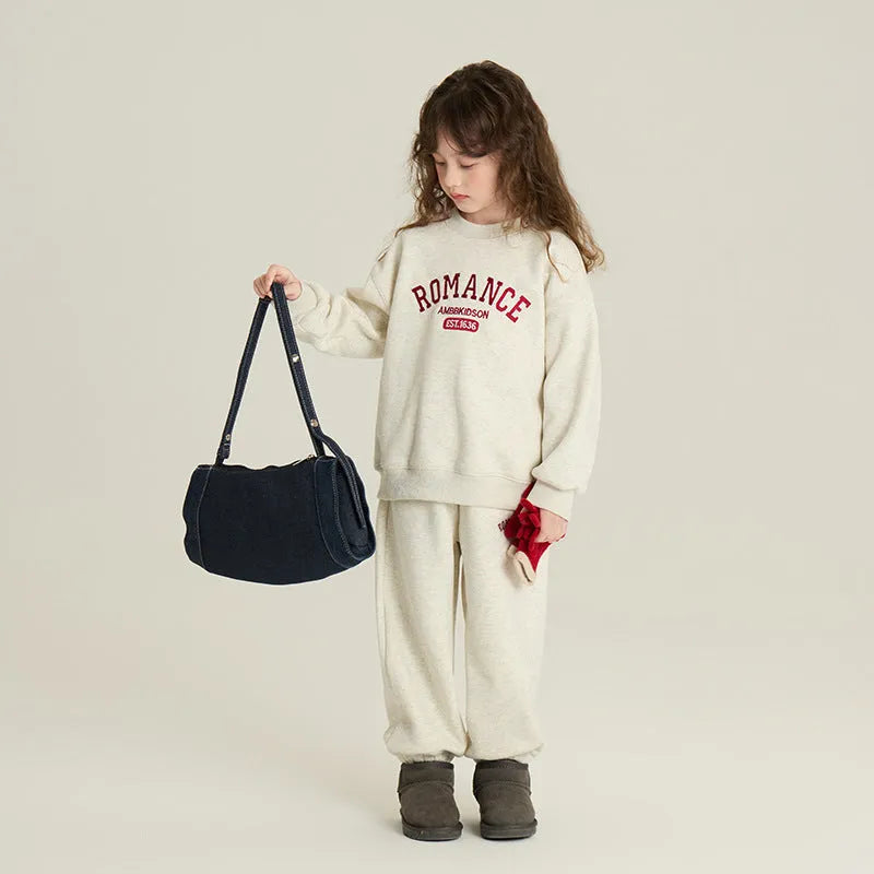 Children's velvet sport suit two-piece set, cotton pullover sweatshirt and sweatpants with letter pattern, light gray red navy blue