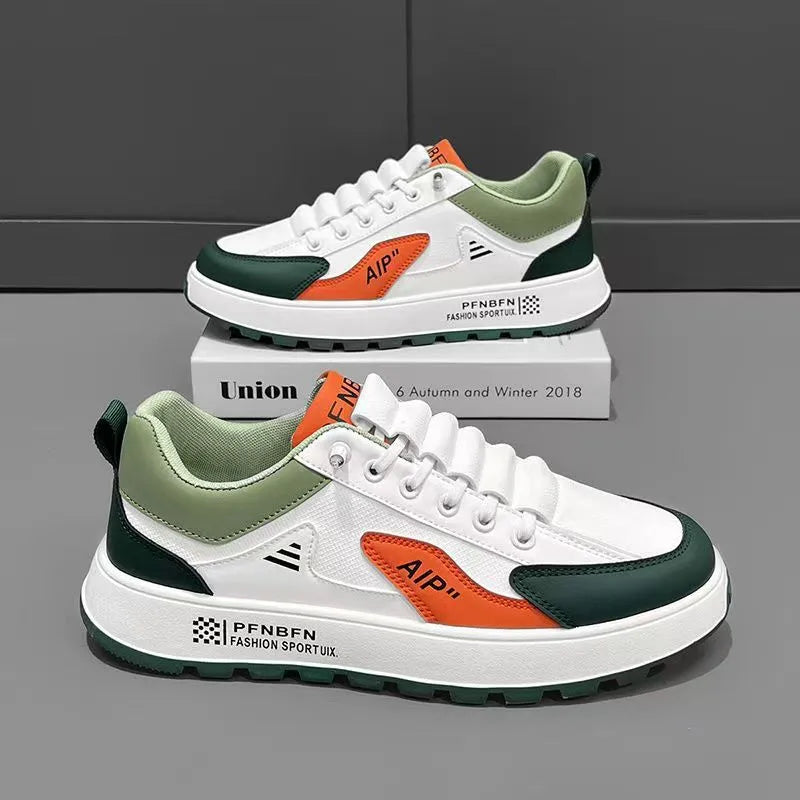 Men's casual shoes with round toe design in artificial PU material, showing white with orange accent colour option