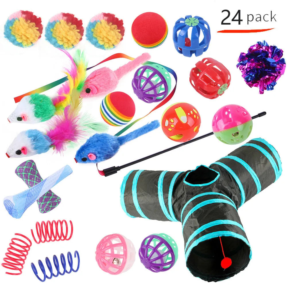 Plastic cat play channel toy with assorted accessories for feline batting and chasing