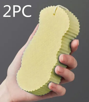 3D body rubbing sponge with fish scale pattern in white, grey, pink, or light blue, showing super-soft texture for gentle exfoliation