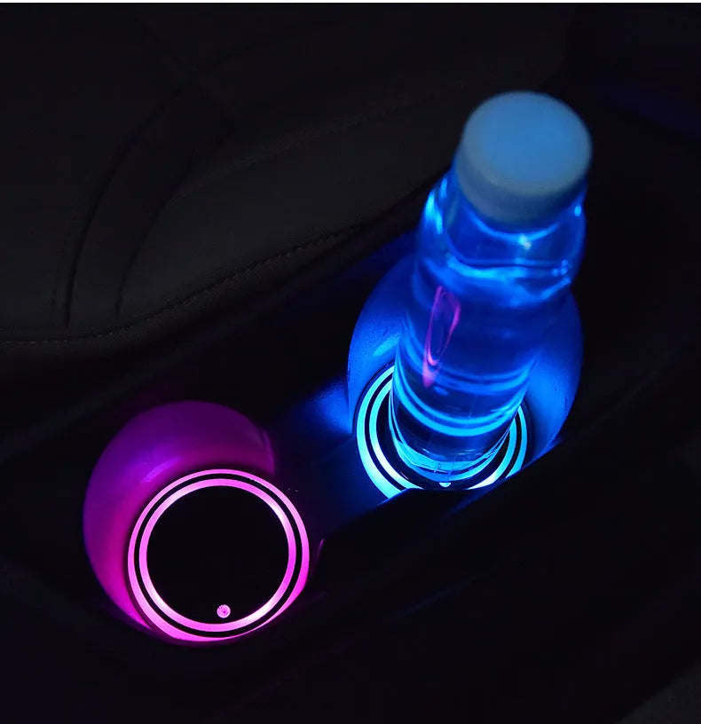 LED light-up car coaster showing 68mm diameter, seven colour options, and USB charging cable