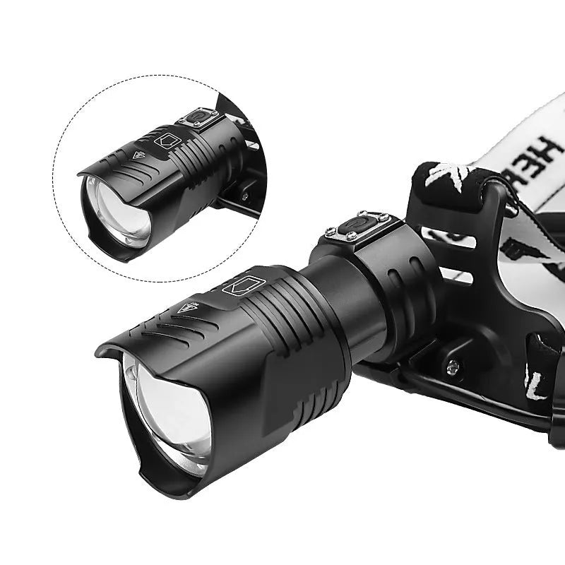 Black aluminium alloy USB rechargeable headlight with telescopic zoom lens extended