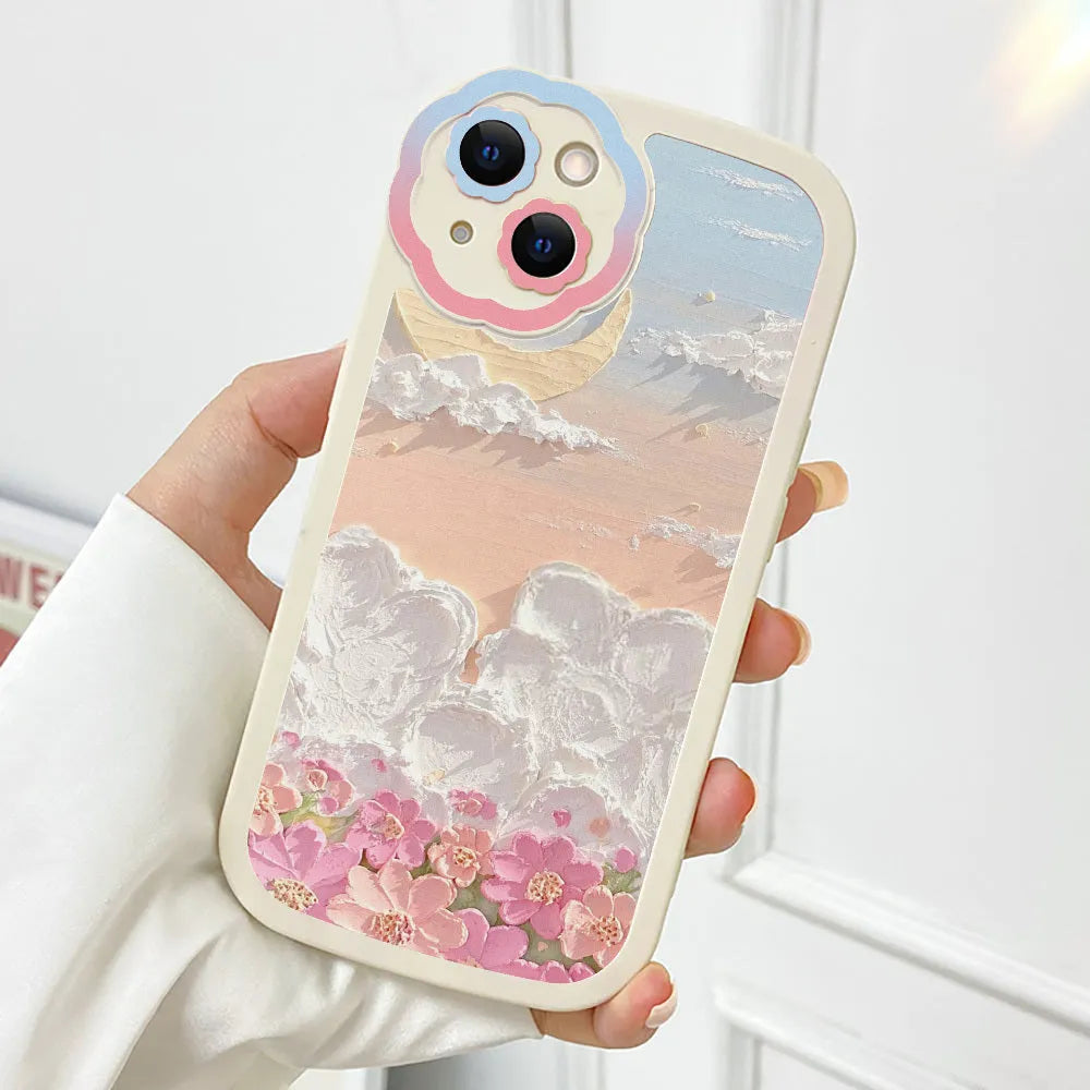 Oil painting flower silicone phone case for iPhone 13 12 11 in Moon Flower Pink Purple Verdant Clouds