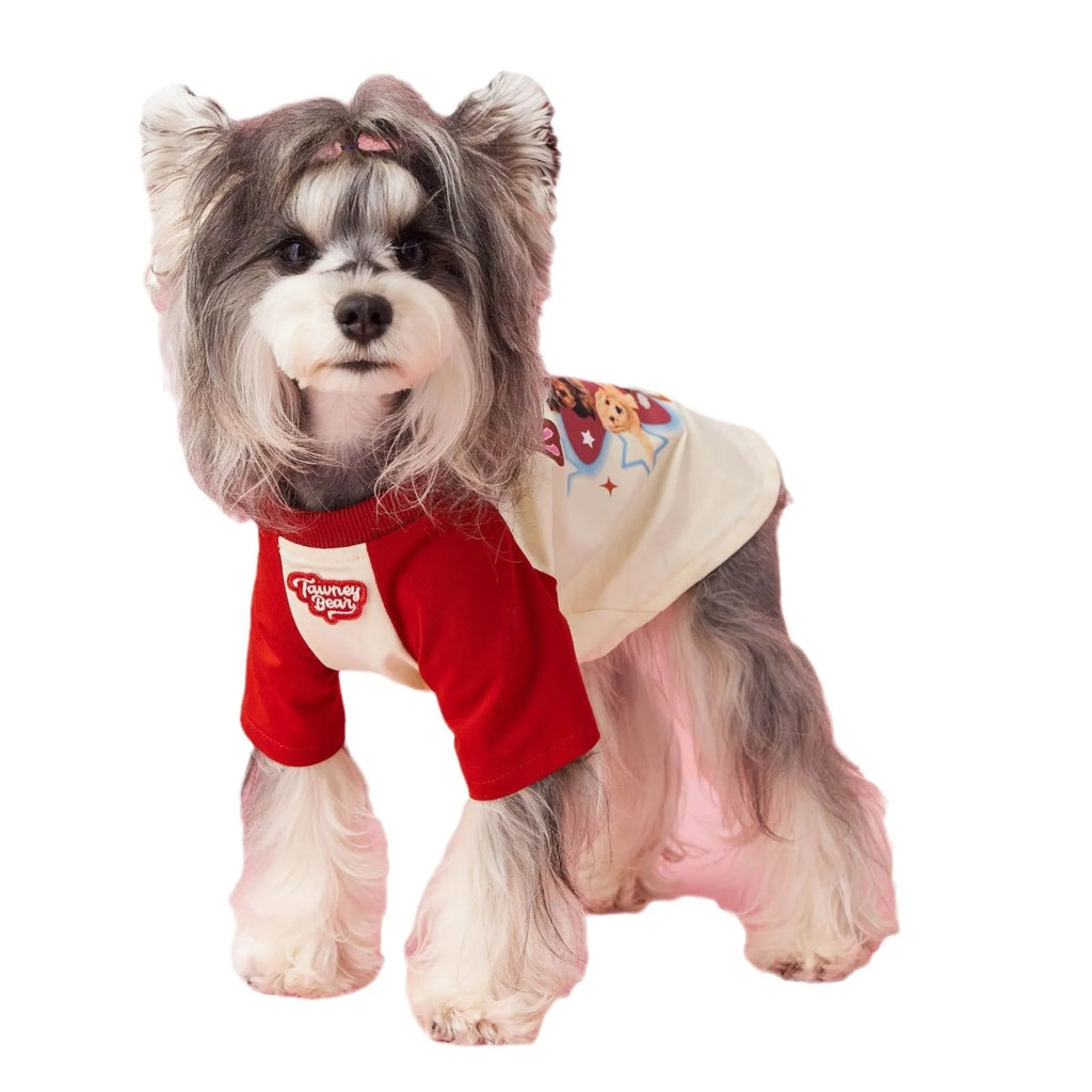Cotton summer dog clothes with embroidered contrast colour design in red or pink options