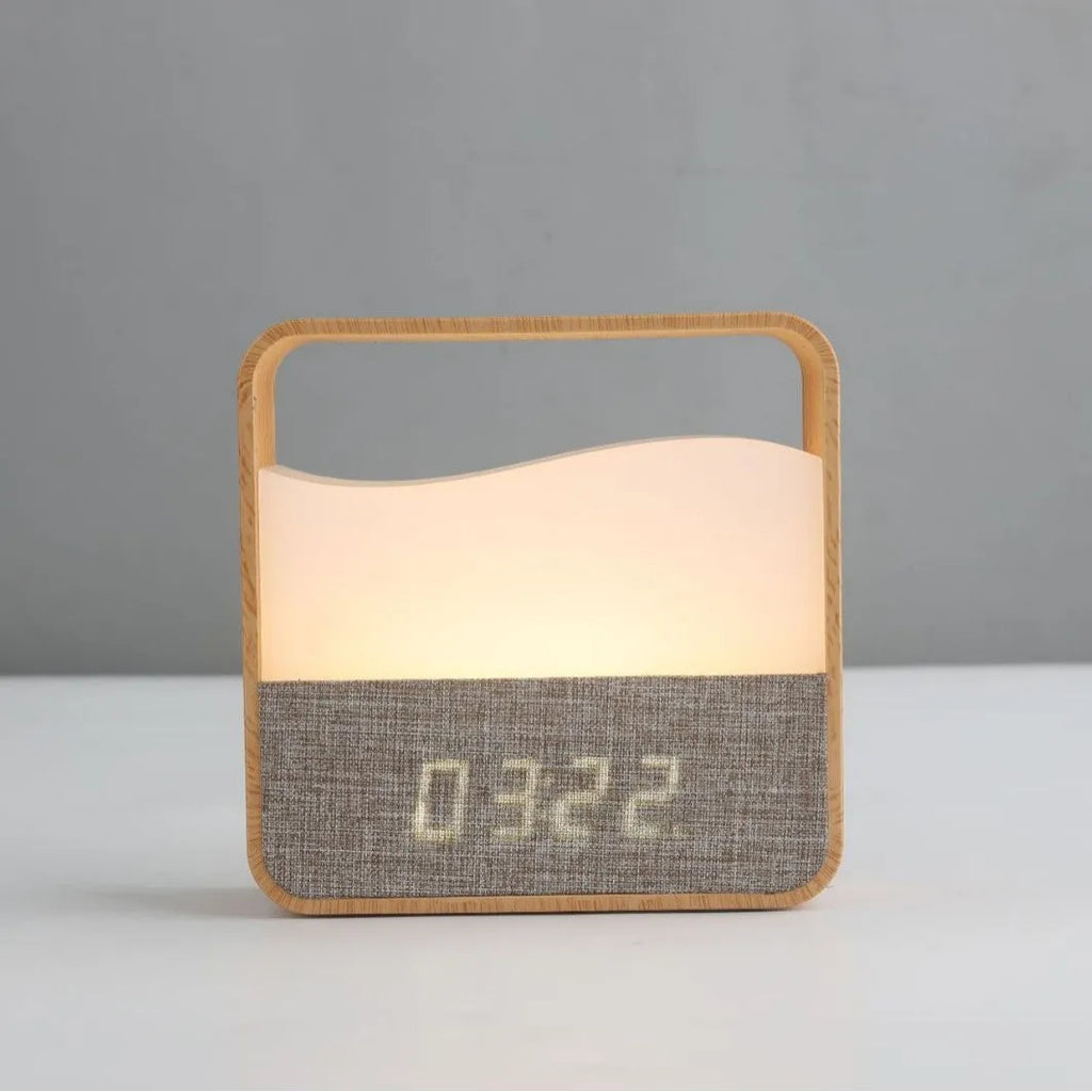 Wood grain alarm clock night lamp with remote control, warm white 3W LED, 109x107x36mm geometric bedside unit