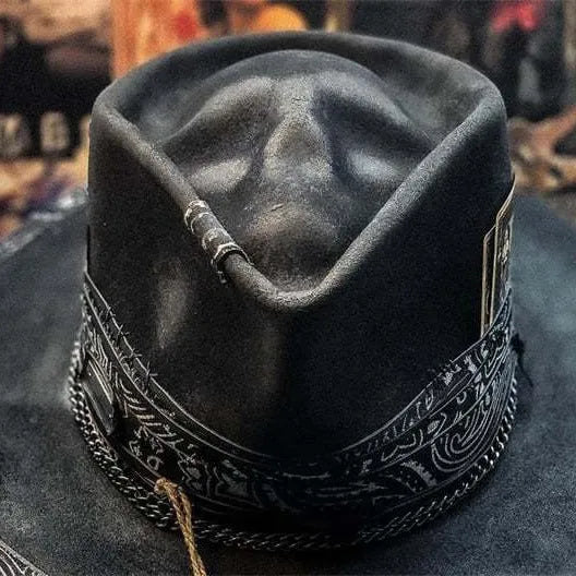 Handmade wool skull hat with conical crown design for Halloween or alternative fashion wear