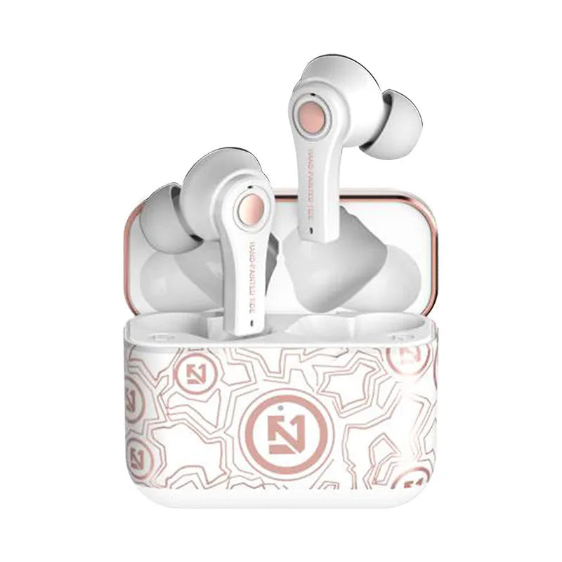 Black and white wireless Bluetooth headset with microphone for hands-free calls