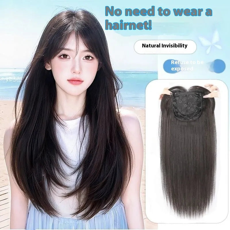 Black long straight layered wig with integrated hair net for women