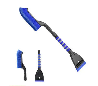 Blue and yellow telescopic car snow brushes with ice scrapers for winter vehicle clearing