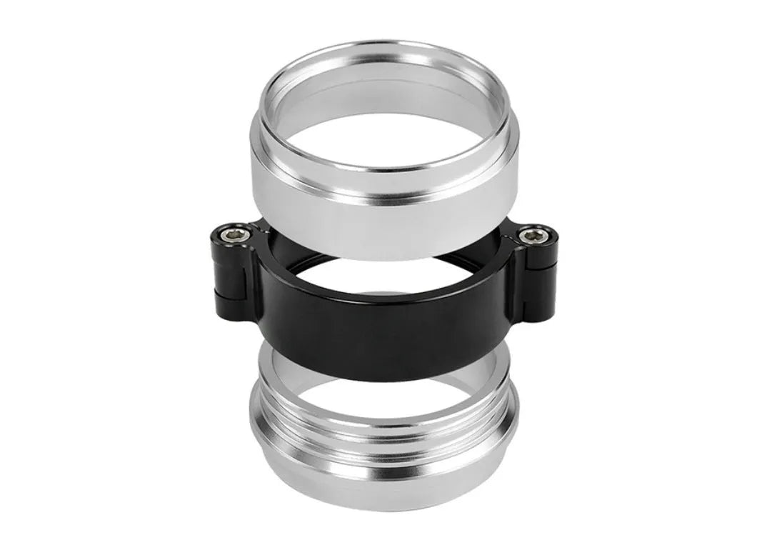 Aluminium fixed movement clamp for automotive turbine exhaust downspouts in black, blue, or red