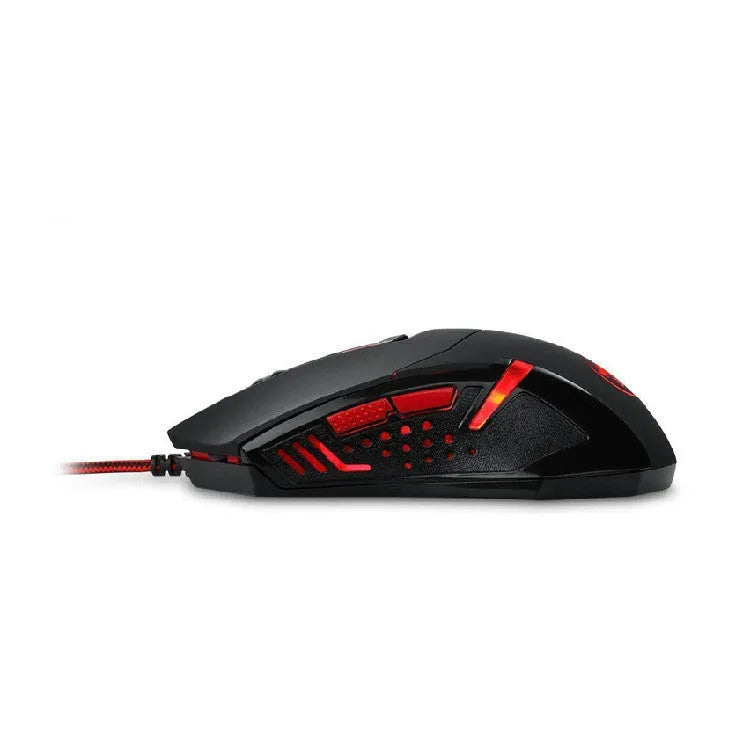 Black and red wired USB ergonomic gaming mouse on a desk.