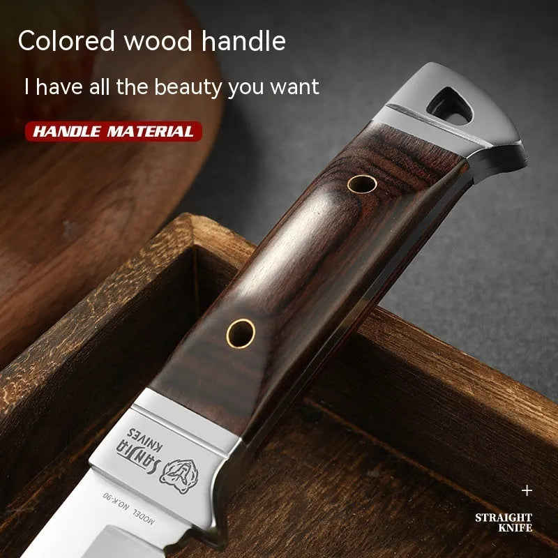 Camping portable fruit knife with stainless steel blade and national style leather case for outdoor use