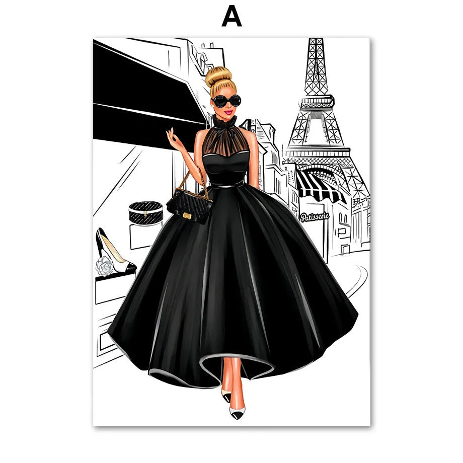 Cartoon style canvas wall art print showing fashion bag girl with champagne balloons