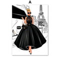 Cartoon style canvas wall art print showing fashion bag girl with champagne balloons