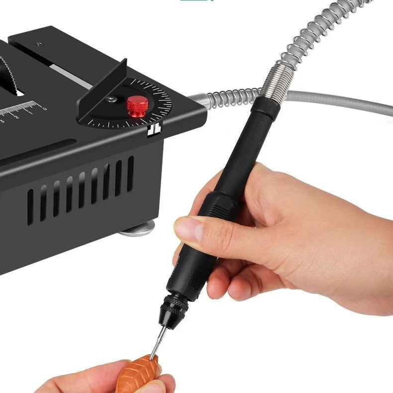 Lithium ion micro desktop saw with metal body and angle attachments for cordless cutting