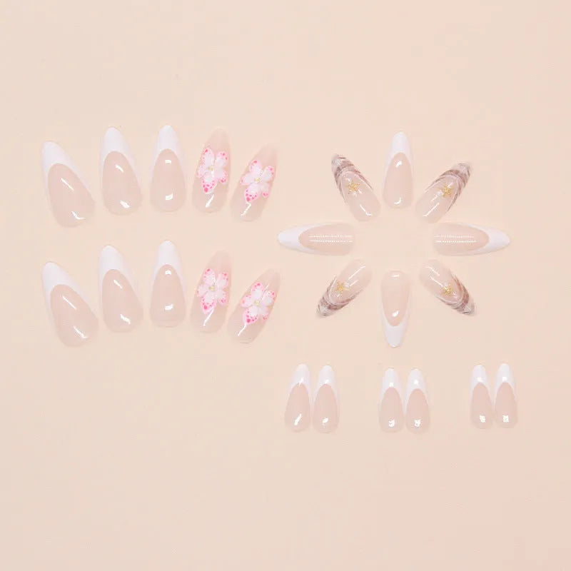 Flower French style fake nails with simple flower pattern, 24-piece plastic kit with glue