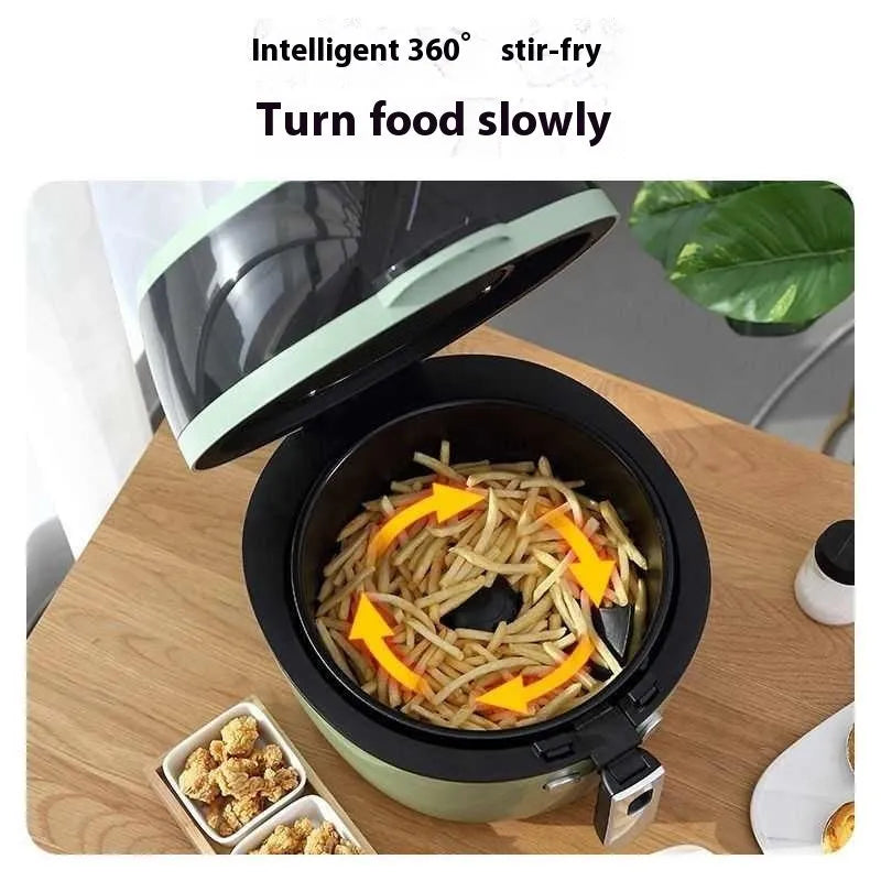 Air fryer oven with 8-litre capacity, nano-ceramic coating liner, and mechanical buttons on a kitchen counter