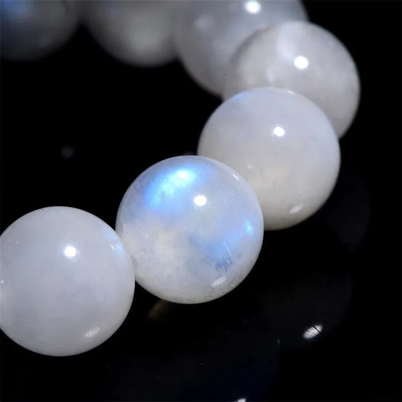 Natural blue moonlight round bead bracelet in white with polished moonstone beads, showing geometry shape and size range from 5 to 10mm