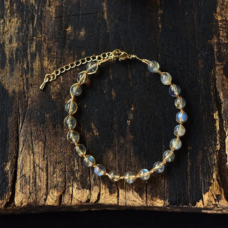 Women's 14K gilded bracelet with 6MM natural moonstone crystals in starry sky design