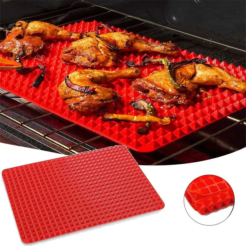 Red silicone pyramid cooking mat with grid pattern for oven and BBQ use