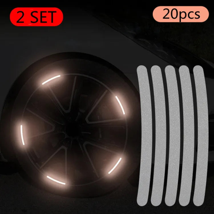 20-piece car wheel reflective stickers in arc shape with 11 colour options including fluorescent and luminous variants on wheel hub