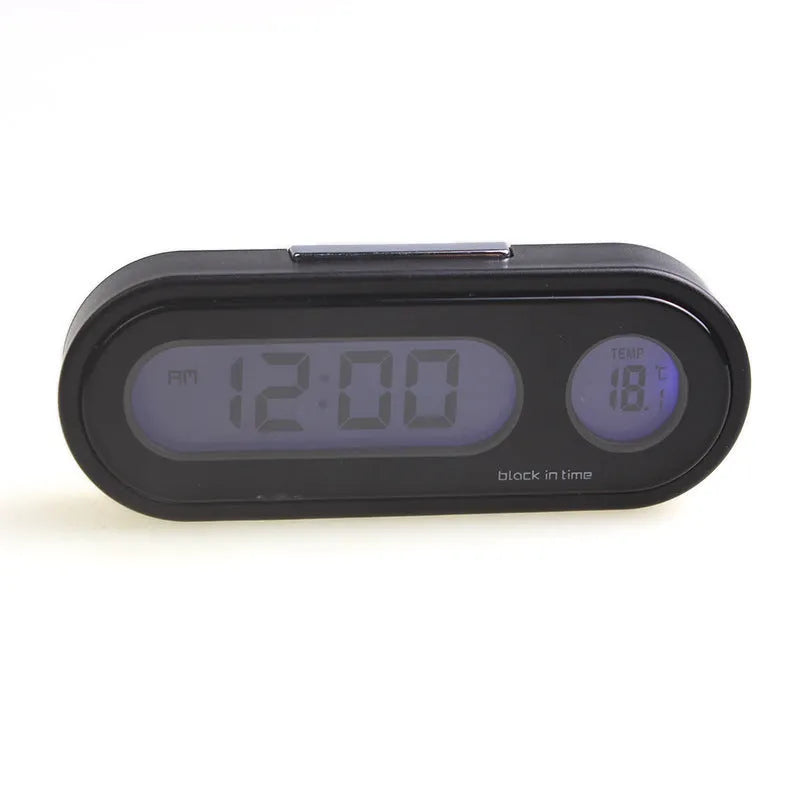 Black car clock thermometer measuring 7.5cm with digital LED display showing time and temperature