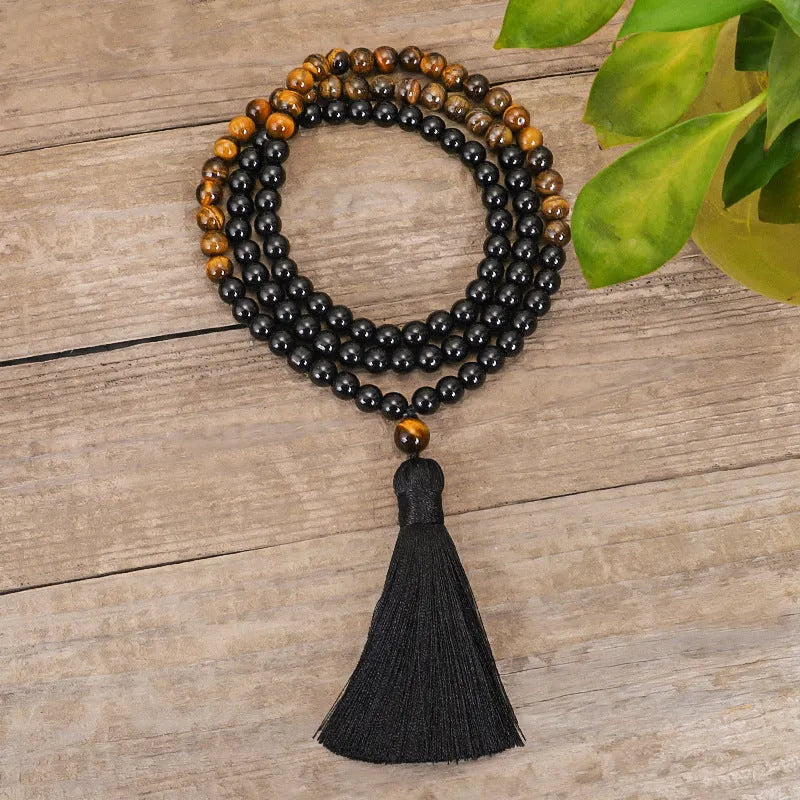 Tiger eye stone tassel chain necklace with ball beads and drop pendant