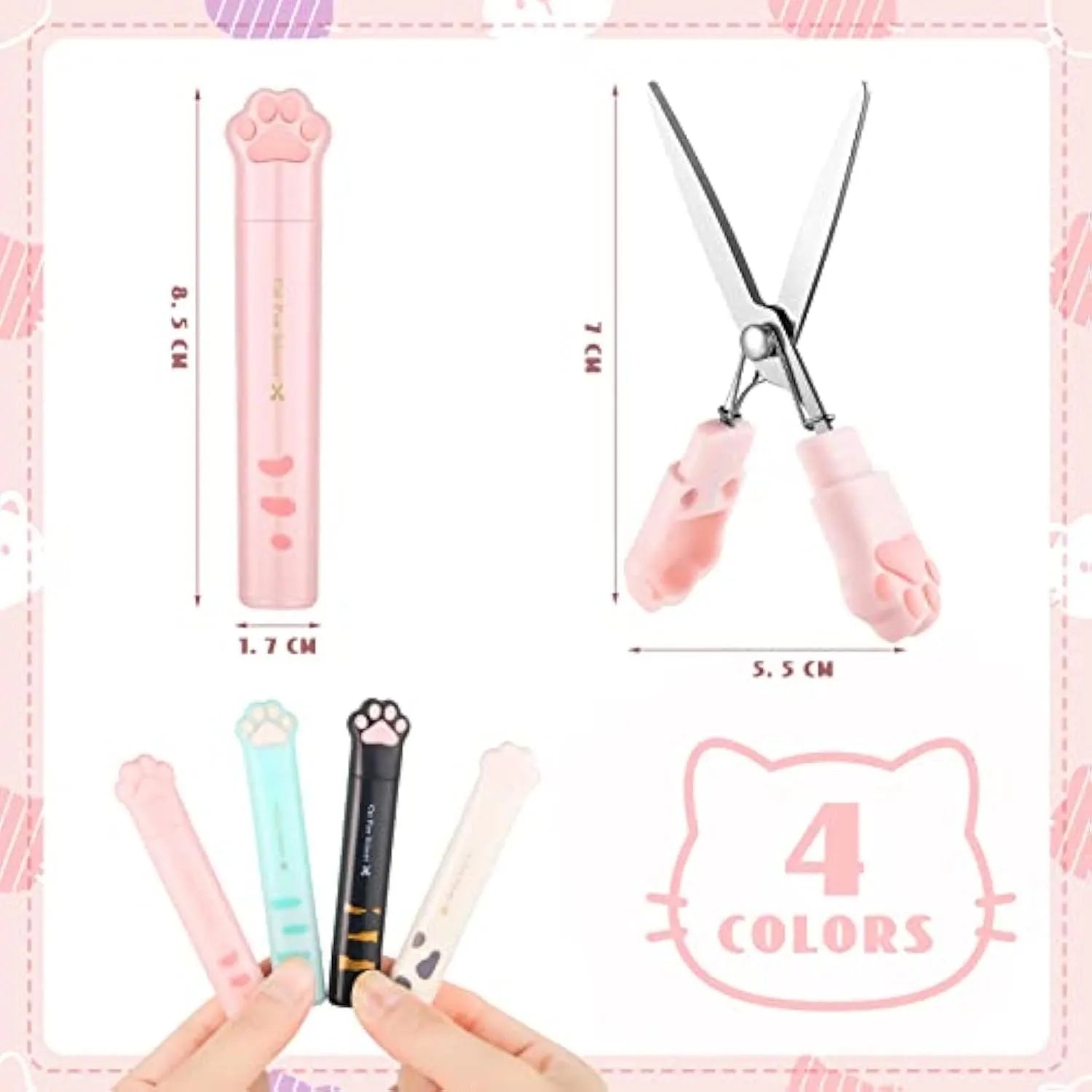 Cat paw mini folding scissors in four colours showing stainless steel blades and compact 8.7cm size