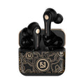 Black and white wireless Bluetooth headset with microphone for hands-free calls