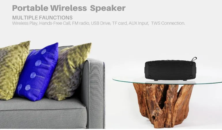 Portable Bluetooth speaker showing colour options: black, blue, camouflage, graffiti, hip hop, and red