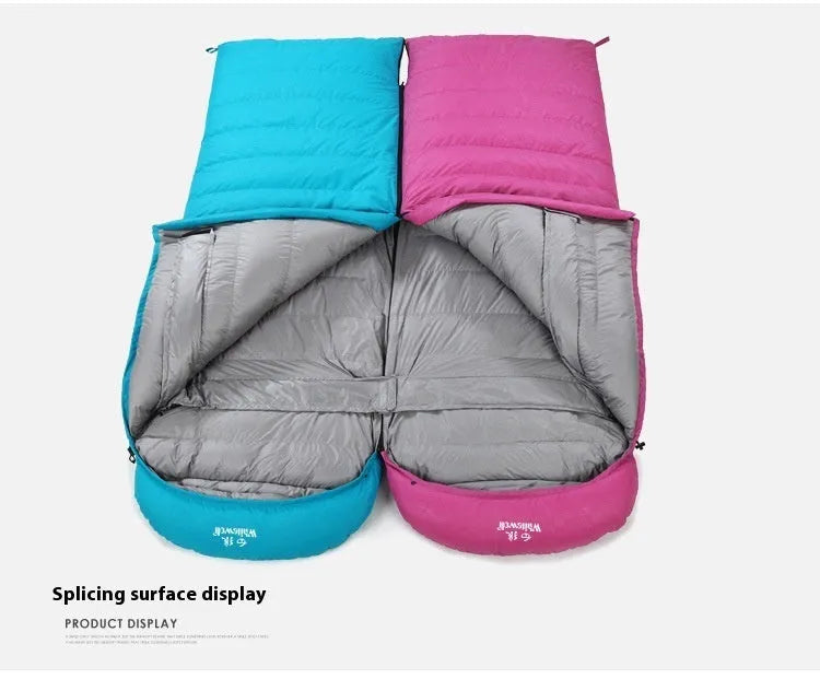 Black outdoor sleeping bag with envelope structure, white goose down filler, and 320t tear-resistant nylon fabric
