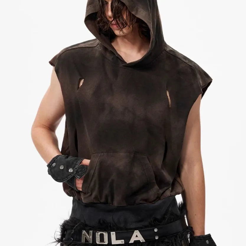 Khaki coloured cotton short sleeve hood vest on a hanger.