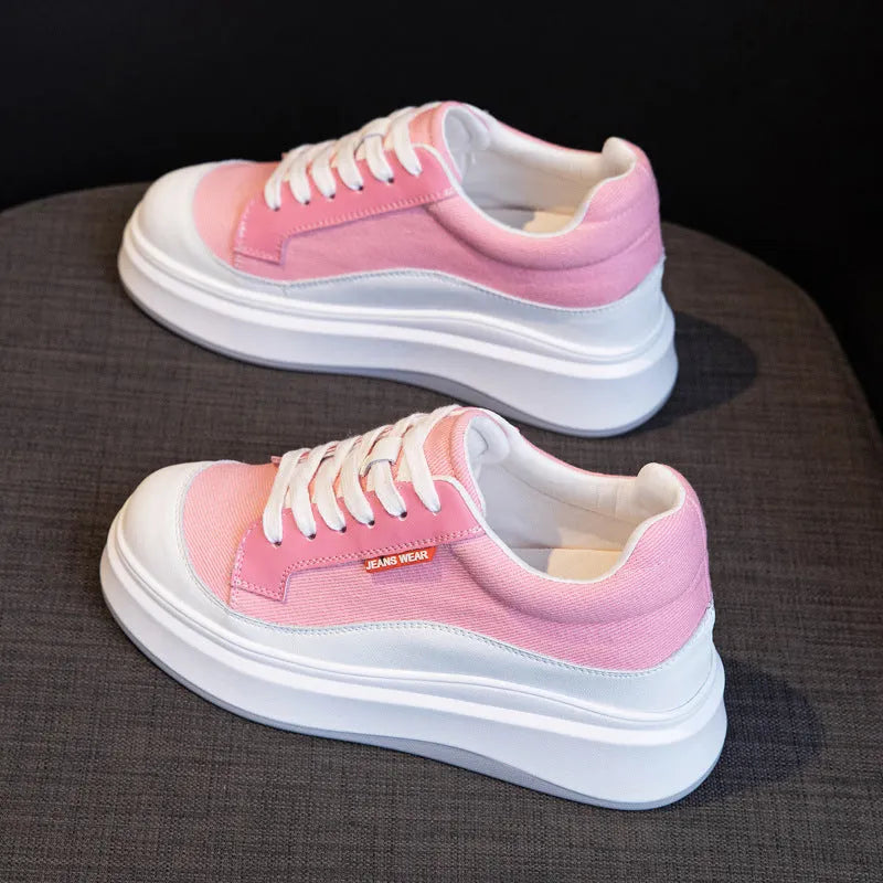 Women's beige and pink leather board shoes with a thick sole, shown from the side.