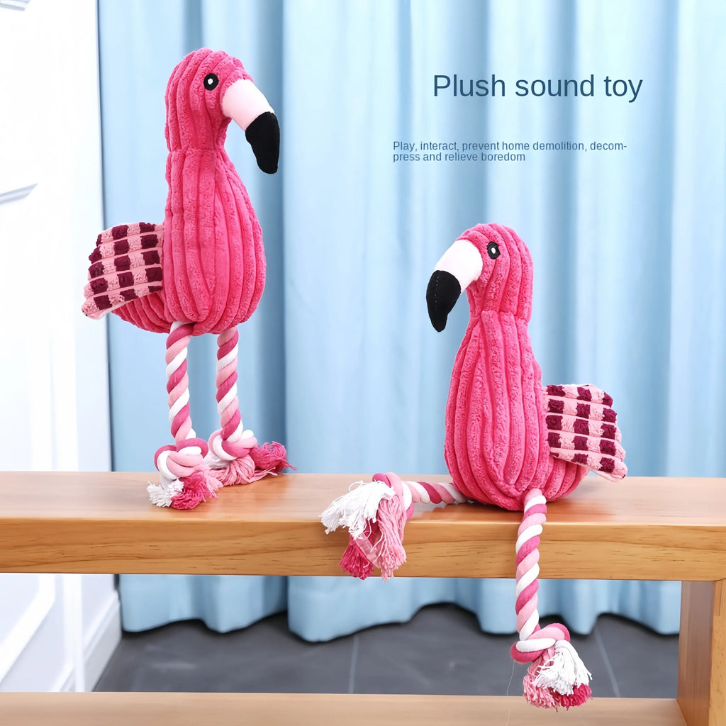 Pink animal-shaped corduroy dog toy with squeaker for bite-resistant play