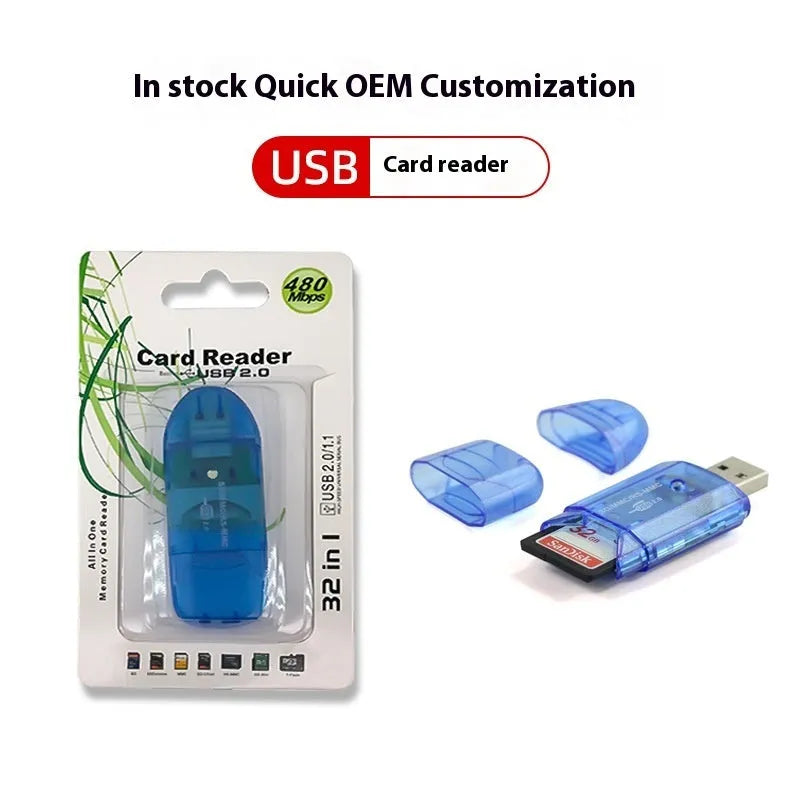 Transparent USB card reader showing internal components with 7.5 inch length and LED lighting option