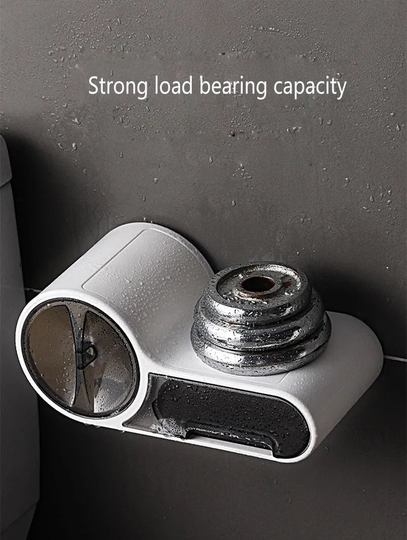 White plastic free-standing toilet roll holder with a curved design on a bathroom surface.