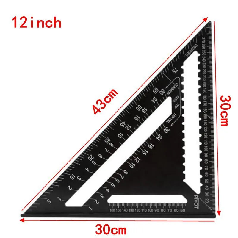 Black aluminium triangle ruler square showing 90 and 45 degree angles with metric and imperial scale markings.