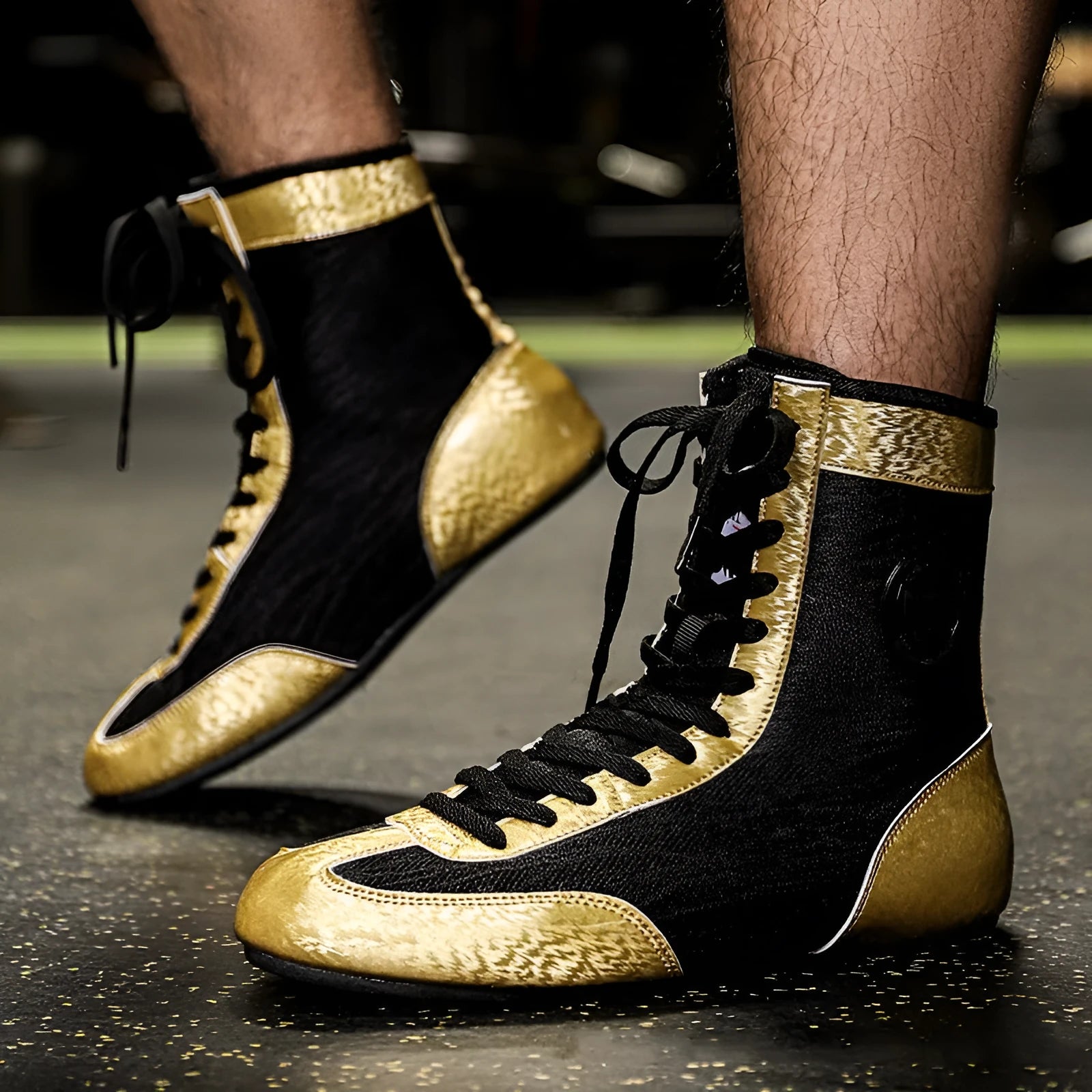 Professional black and gold mesh boxing shoes with leather upper and rubber sole.