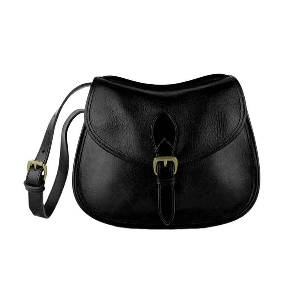 Brown retro-style genuine leather messenger bag with flap closure and crossbody strap