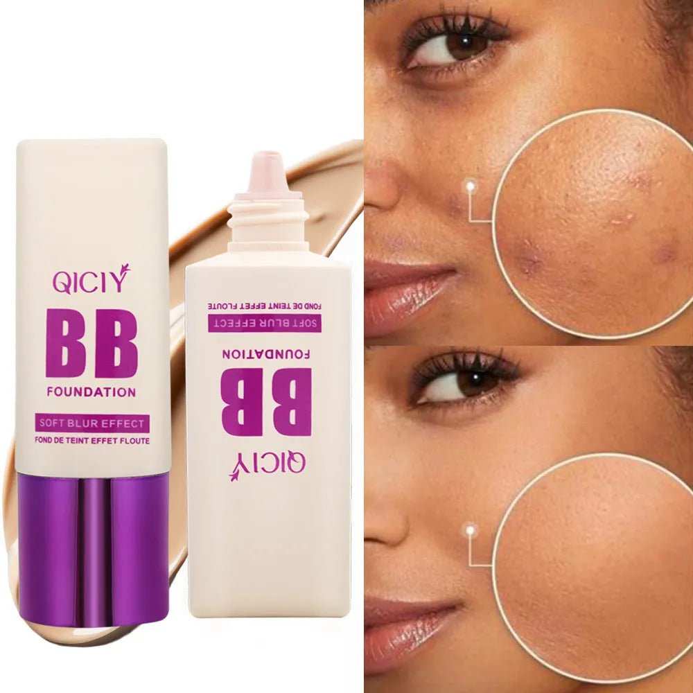 Bottle of BB cream liquid foundation concealer in one of ten available shades, labelled with brightening and repair properties.
